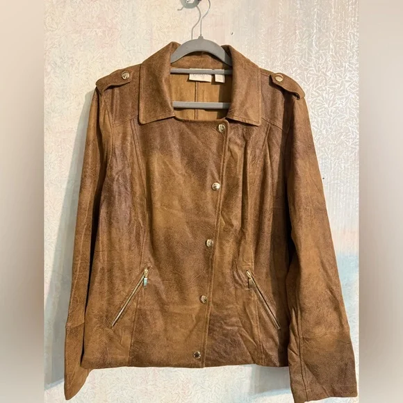 Chicos Jacket Women Medium Brown Distressed Double Breasted Faux Leather Moto 2 - Picture 1 of 9